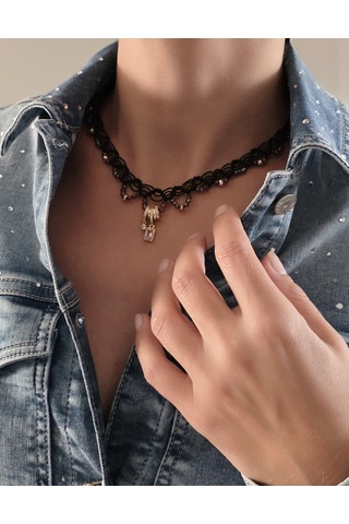 Makrome Bohem İp Örme Yavru Ağzı El Yapımı Bağlamalı Kolye Siyah
