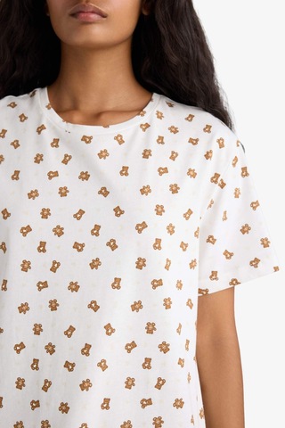 Defacto Regular Fit Bisiklet Yaka Kısa Kollu Desenli Gecelik-fall İn Love F9839ax25auer85 Ekru