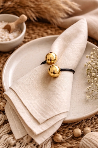 Saturn Siyah Metal Halkalı Gold Boncuklu Peçete Yüzüğü - Peçete Halkası - 6 Adet Gold - Siyah