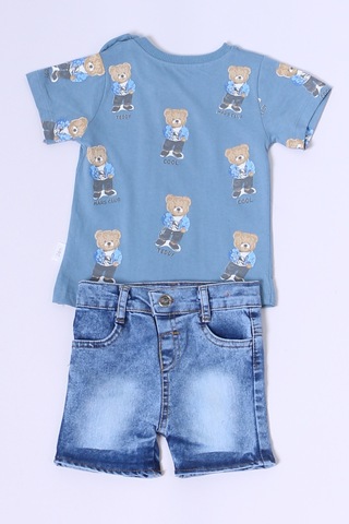 Erkek Bebek Şortlu Takım Kot Şortlu Çıtçıt Detaylı Baskılı B26 mavi