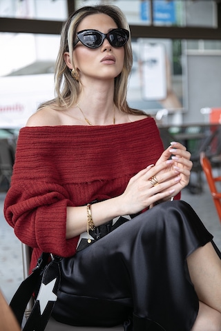 Lela Oversize Fit Madonna Yaka Triko Bayan Kazak 4615216 Kırmızı