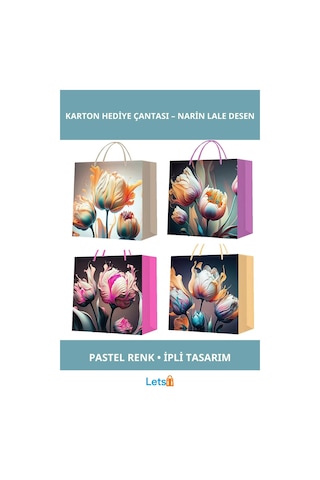 Pastel Renkli Lale Desenli Şık Karton Hediye Çantası Küçük Boy