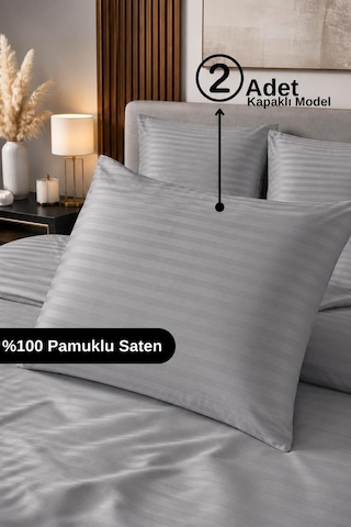 %100 Pamuk Saten Çizgili Kapaklı Yastık Kılıfı 2'li Lüx Otel Kalitesi 50x70 Açık Gri
