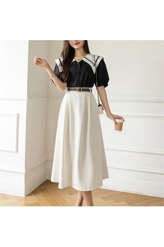 Qooth Bahar Kadın Yüksek Bel A-line Sashes Etek 2022 Yeni Stil Zarif Orta Uzunlukta Uzun Ofis Bayan Düz Etek Bej