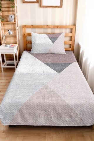 Geometrik Gri Genç Odası Tek Kişilik Pike Takımı - Pudra Modern 160x220 Cm Kapitone Yatak Örtüsü Masalsı Örtü Uyumu