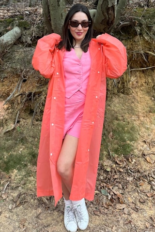 Mollycrush Unisex Su Rüzgar Geçirmez Katlanabilir Kapüşonlu Çıtçıt Düğmeli Eva Kırmızı Yağmurluk Mercan