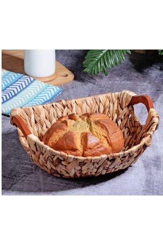 Wicker Serisi Bezli Oval Ahşap Kulplu Hasır Ekmek Sepeti A