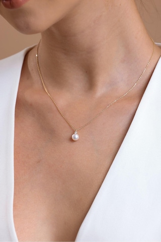 Doğal İnci 0,15 Karat Pırlantalı Küpe Kolye İkili Set - 40 Cm / Sarı