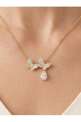 İkili Kelebek Zirkon Taşlı Damla Taş Sallantı Detaylı Kadın Çelik Kolye,sevgililer Günü , Anneler Günü, Zirkon Taş ,gold Renk, Zarif,minimalist