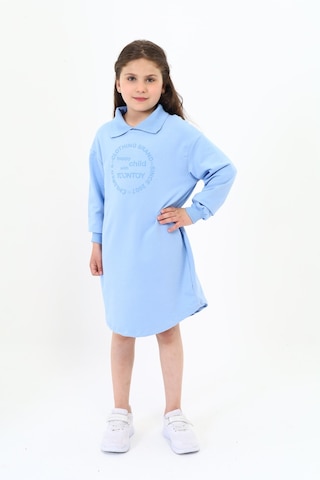 Kız Çocuk Baskılı Oversize Polo Yaka Uzun Kollu Elbise Mavi