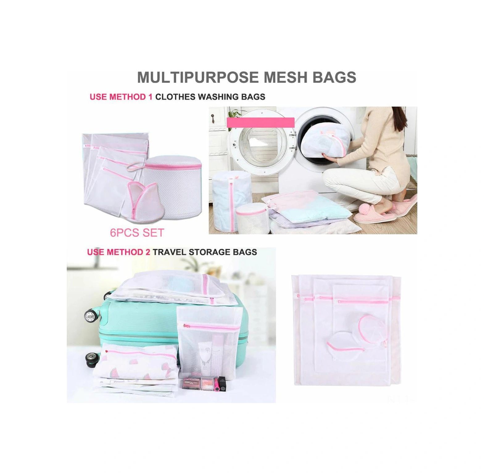 Youmex 6'lı Çamaşır Torba Seti - İnce Kıyafetler İçin Açık Dokulu, Farklı Boyutlar S-m-l-xl + 2 Bar Torba - Yıkama Esnasında Korumak Ve Dürtülmeyi Önlemek Pembe