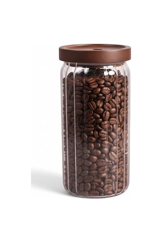 Deconox Akasya Kapaklı Çizgili Cam Kavanoz 1000ml /1 Litre Hava Geçirmez, Modern Fitilli Tasarım Gıda Saklama Kabı Kahve, Çay, Kuruyemiş Ve Bakliyat Kavanozu 9x20cm Sku: Smgstk41318c77ad Açık Gri