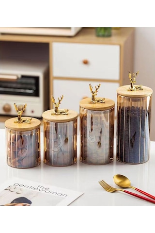 Morponi Borosilikat Cam Geyik Başlıklı Bambu Kapaklı Cam Kavanoz Seti 500-750-1000-1200 Ml Amber Şeffaf