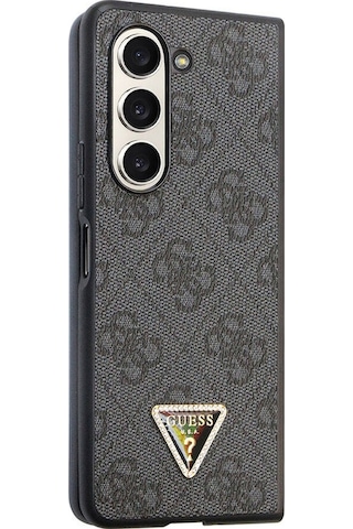 Galaxy Z Fold 5 Uyumlu Kılıf Guess Lisanslı Pu Deri Taşlı Üçgen Logo 4g Desenli Strass Siyah