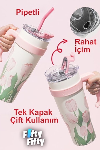 DILLER Quencher Cup 1200 ML Pipetli/Rahat İçim Kulplu Paslanmaz Çelik Termos -FFDILLERD9120