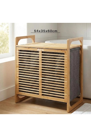 Kalın Ahşap Bambu 2 Bölmeli Kirli Çamaşır Sepeti Kumaş Çantalı Sepet 54x35x60cm Bx40 Çok Renkli