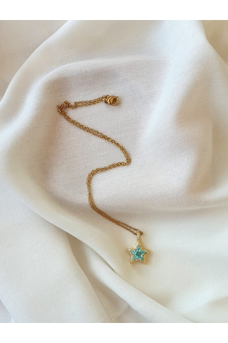 Yıldız Altın Kaplama Zirkon Mavi Taşlı Kolye Metalik