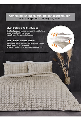 Evlen Home Collection Kadife Stacy Yatak Örtüsü Seti Çift Kişilik Elyaf Dolgulu Yumuşak 3 Parça Bej