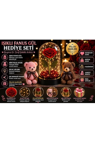 Led Işıklı Mika Fanus Solmayan Yapay Kırmızı Gül & 2 Mini Peluş Ayıcık Sevgiliye Romantik Hediye Set Hediyelik Eşya