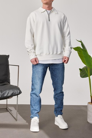 Prtnc Protonic Erkek Polo Yaka Oversize Beyaz Sweatshirt Yarım Fermuar Sweatshirt Beyaz
