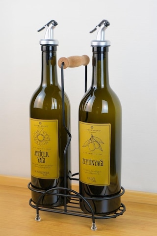 Digithome Petra 2'li Siyah Metal Standlı Ahşap Saplı Yağdanlık Seti Gold Etiketli Amber Yağlık 750 Ml