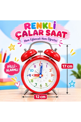 Eğitici Ve Eğlenceli Renkli Çalar Saat Pilli, Metal Gövdeli Çocuk Saati Kırmızı
