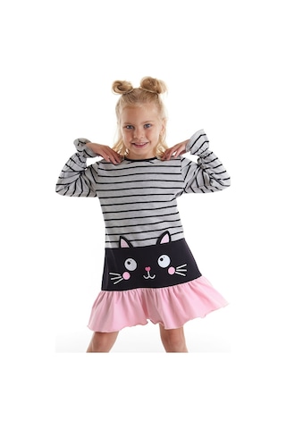Denokids Siyah Kedi Kız Elbise Çok Renkli