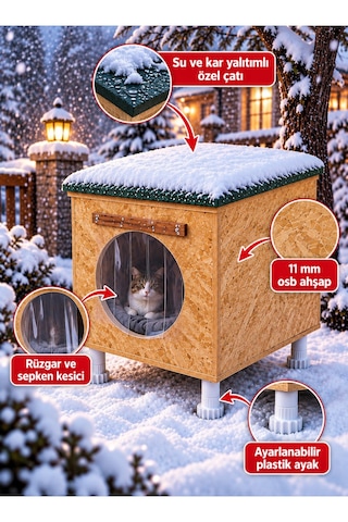 Reyo Narım 40x40x40 Cm Ahşap Kedi Evi Ve Kedi Yuvası Büyük Kediler İçin, 1 Kedilik Hazır Kurulu Kedi Barınağı