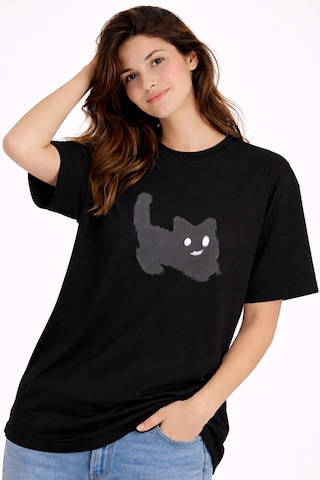 Nevermind Unisex Oversize Tişört Kedi Baskılı Minimal Tasarım Pamuk Siyah