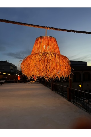 Hasır Doğal Saçaklı 30 Cm Çap Dekoratif Rafya Avize Sarı Bej - Sarı