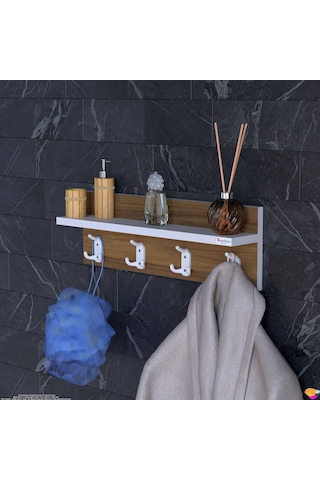 Modilayn Kedi Serisi 61,4x18 Cm 4 Lü Banyo Askısı Seti 12 Kancalı Raflı Düzenleyici Yer Tasarrufu Beyaz