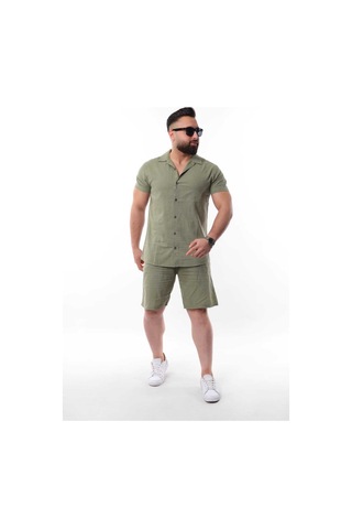Mcz Giyim Keten Erkek Kısa Kollu Slim Gömlek Yaka Haki Pamuk Gömlek Ve Boru Paça Şort Alt Üst Takım
