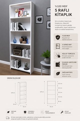 Renazzo %100 Mdf 5 Raflı Kitaplık Beyaz 169x60 Cm