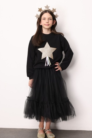 Le Mabelle Siyah Yıldız Nakışlı Kurdele Detaylı Uzun Kollu Kız Çocuk Sweatshirt Siyah