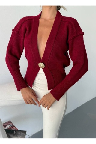 Kechi Woman Gold Aksesuarlı Tek Düğme Triko Hırka Bordo