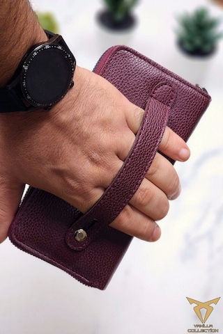 Xclub Model Unisex Telefon Bölmeli El Geçmeli Kordonlu Deri Portföy Kartlık Uzun Cüzdan Bordo Siyah