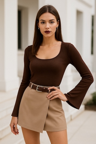 Rich Kadın Kahverengi Soft Touch Fitilli Çan Kollu Bluz Kahverengi