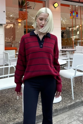 Madmext Bordo Çizgili Polo Yaka Kadın Kazak Mg2476 Bordo