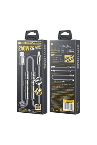 Wk Wdc-77 Convertible 3 İn 1 240w Ultra Hızlı Şarj Gerçek Silikon Veri Kablosu, Arayüz: 1'de 6 Gri