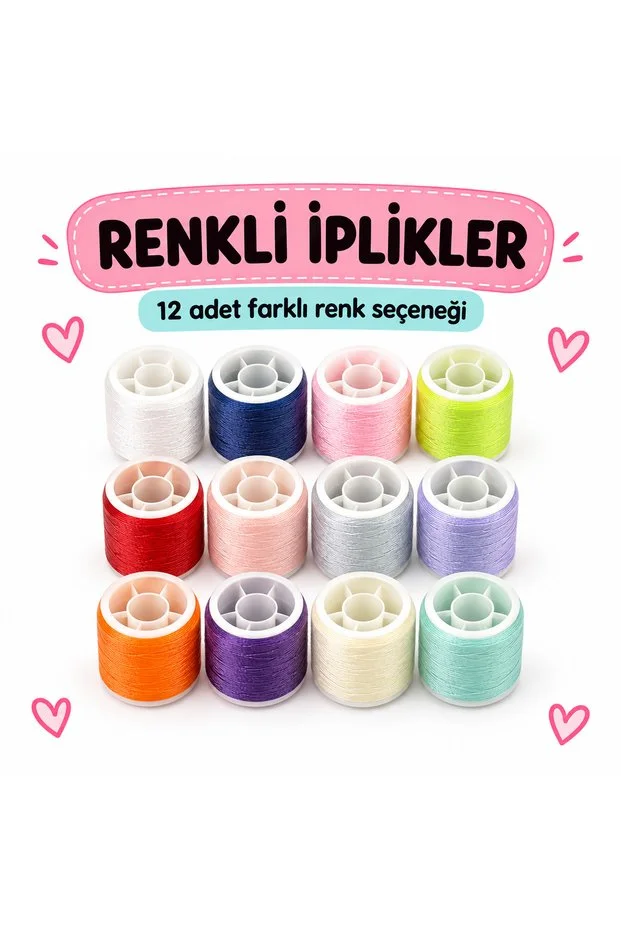 Kalp Kutulu Dikiş Seti Renkli İplik Makas Mezura İğne Ve İplik Geçirici