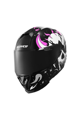 Scoyco Double Ve Güneş Vizörlü Full Face Kask Beyaz Siyah Pembe