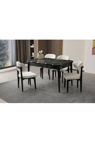 Ortadan Açılır Büyüyen 90x160cm Mermer Desenli Ahşap Salon Yemek Masa Sandalye Takımı 4 Nergis Sanda Mermer-ekru