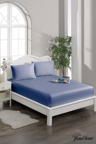 %100 Pamuk Çizgili Saten Tek / Çift Kişilik Lastikli Çarşaf Seti 100x200 120x200 160x200 180x200 Gece Mavisi