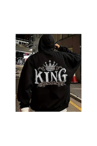 Herkesemoda Arka King Baskı Detaylı Kapüşonlu Sweatshırt Siyah
