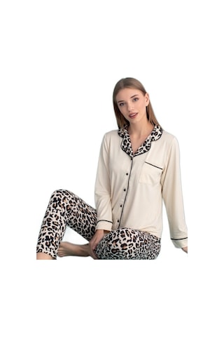 Berna Collection Kadın Pijama Takımı Düğmeli Yumuşak Dokulu Esnek Ekru