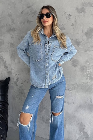 Noa & Noa Kadın Chıc Etiketli Yırtık Denim Gömlek Urban Rebel Mavi