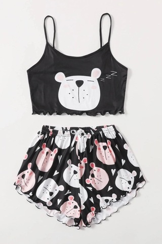 Merry See Uyuyan Ayıcık Basklı Ultrasoft Askılı Sortlu Pijama Takımı 001