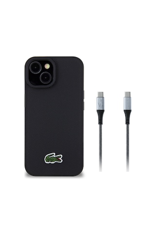 Apple Uyumlu iPhone 15 Kılıf Lacoste Lisanslı Pu Pike Desenli Timsah Logolu Ve Type-c Kablo 1.5m Siyah