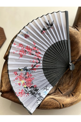 Bambu İpek Şık Japon Yelpaze - Siyah Kırmızı Gri Renk Çiçekli