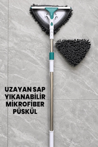 Çıkarılabilir Cam Silecekli Üçgen Cam Mopu - Teleskopik Uzayan Kısalan Sap - Elde Kullanılabilir - Köpüren Püsküllü